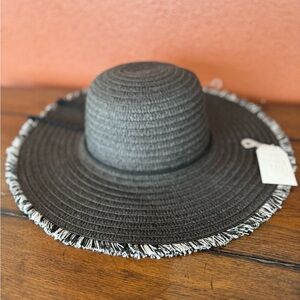 Time and Tru Black Straw Wide Frayed Brim Adjustable Band Sun Hat OSFM NWT